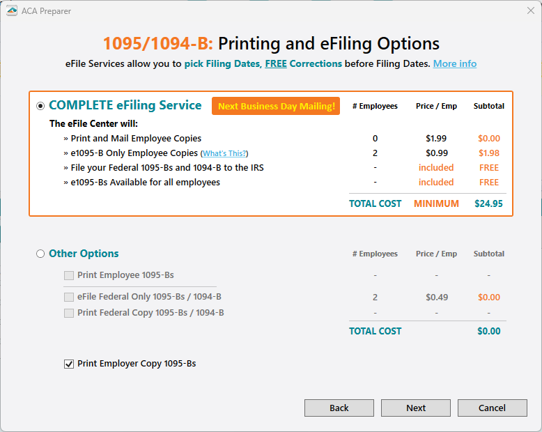 Aatrix ACA Preparer - Printing & eFiling Options