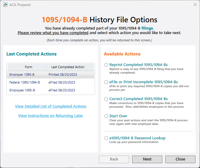 Aatrix ACA Preparer - History File Options