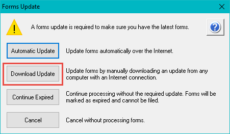 Forms Update screen giving options including Download Upadte