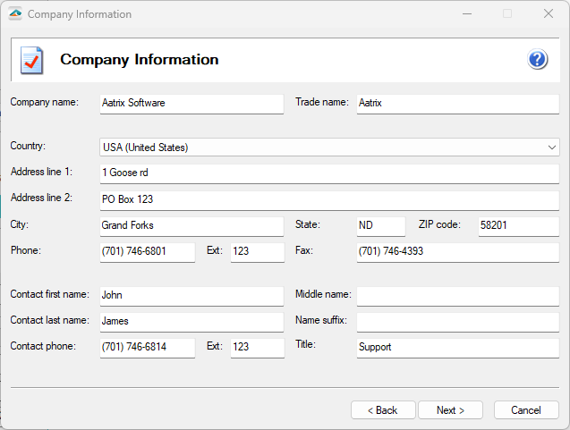 Aatrix ACA Preparer Setup - Company Information must be present in order to continue through the process.  If this screen does not automatically populate with the company information, you are able to manually type in this information.
