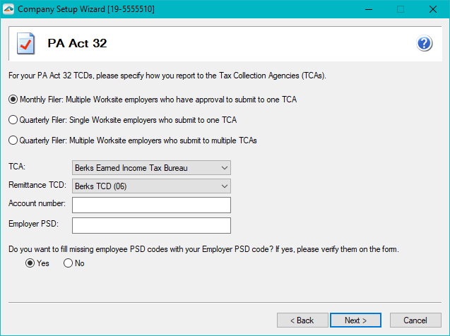 PA Act 32 Company Setup Screen used to determine TCAs