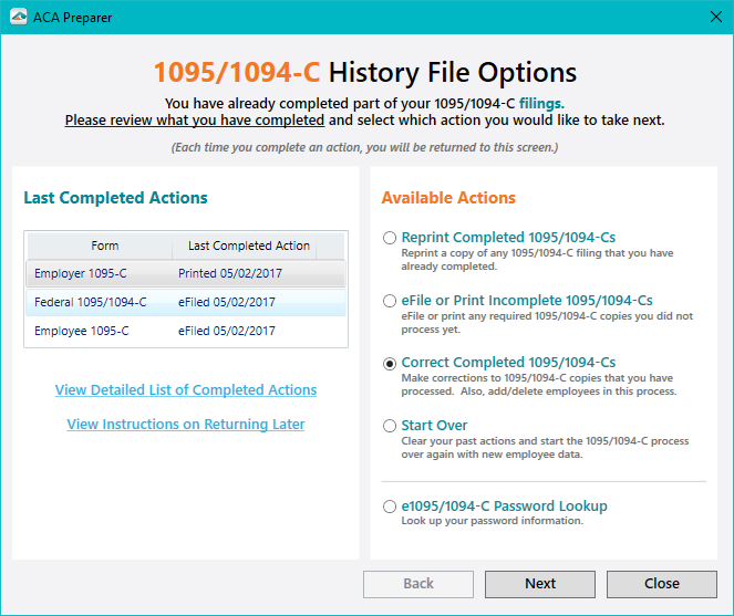 Aatrix ACA Preparer - History File Options