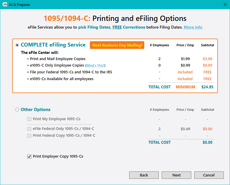 Aatrix ACA Preparer - Printing & eFiling Options