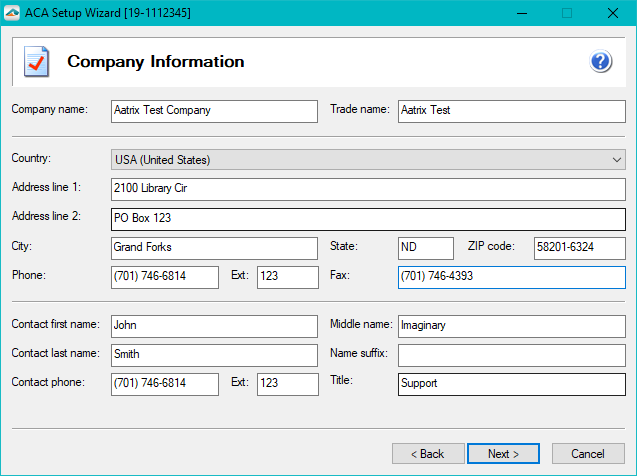 Aatrix ACA Preparer Setup - Company Information must be present in order to continue through the process. If this screen does not automatically populate with the company information, you are able to manually type in this information.