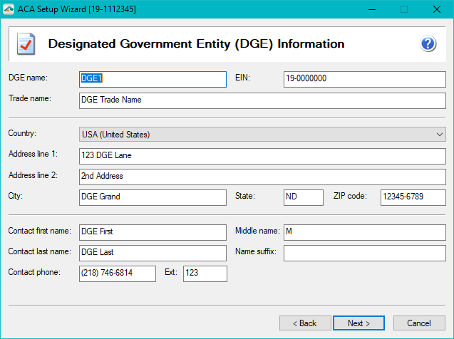 Aatrix ACA Preparer Setup - DGE Information must be present in order to continue through the process. If this screen does not automatically populate with the DGE information, you are able to manually type in this information.