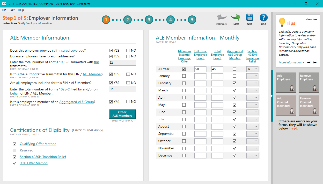 Aatrix ACA Preparer - Step 1