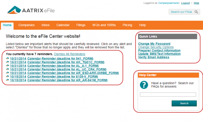 Aatrix eFile Center - Home Tab